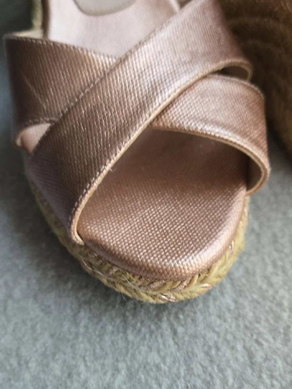 Stuart Weitzman Rose Gold Metallic Espadrille Wedge Sandals